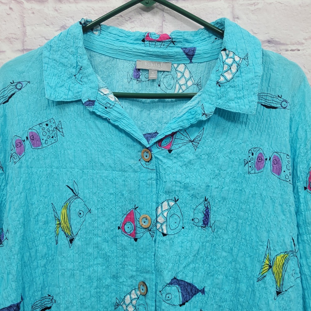 Habitat Blue Fish Print Crinkle Button Up Shirt XL Quirky Art Lagenlook Funky - Picture 4 of 8